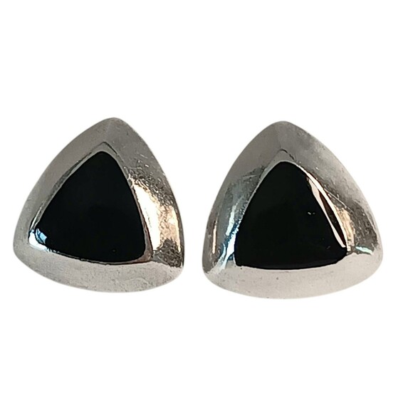 Vintage 925 Sterling Silver Black Onyx Triangle Modernist Post Earrings 3/4 Inch - Picture 9 of 9